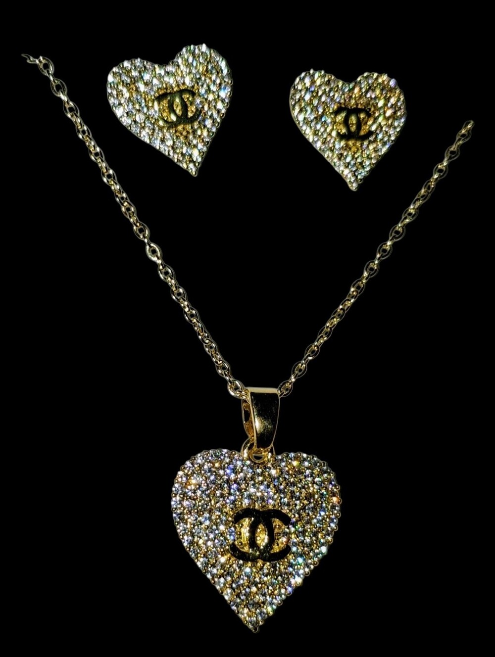 18k Plated Gold-Tone Heart Pendant Necklace & Earrings Set - Branded Logo Accent